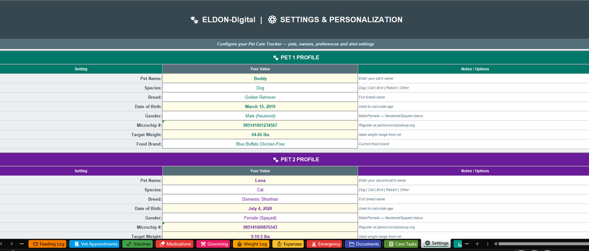 Pet Care Tracker Excel & Google Sheets