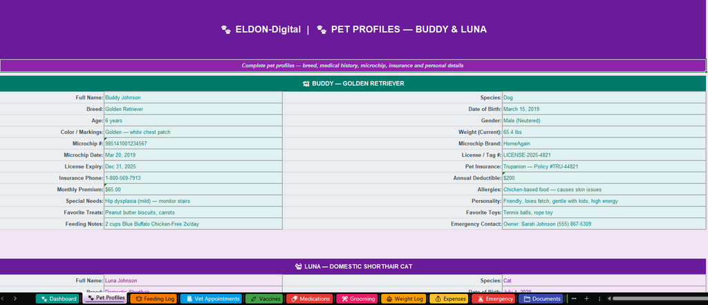 Pet Care Tracker Excel & Google Sheets