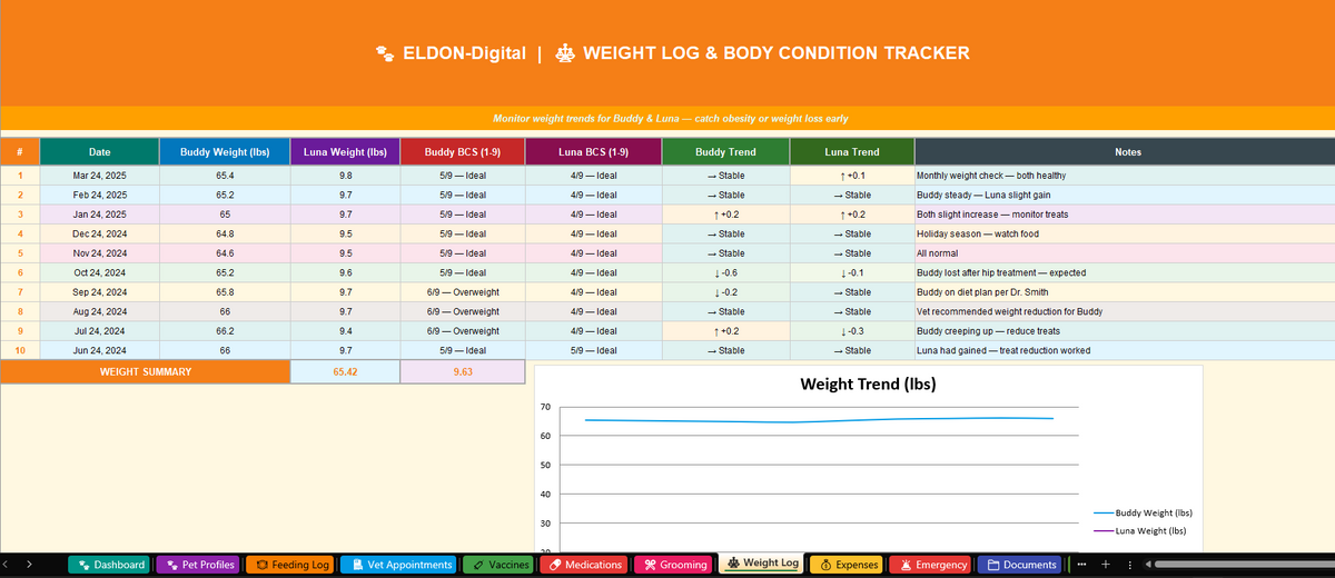 Pet Care Tracker Excel & Google Sheets