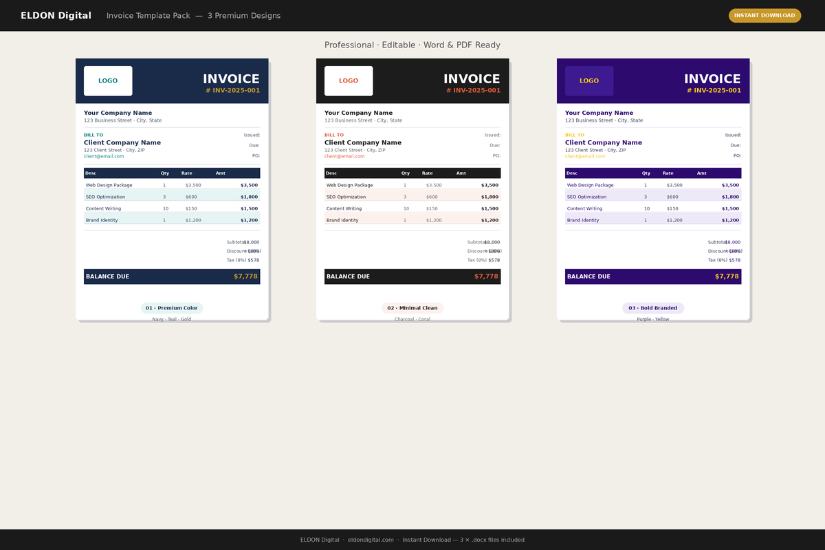 Invoice Template Bundle 3 Professional Designs
