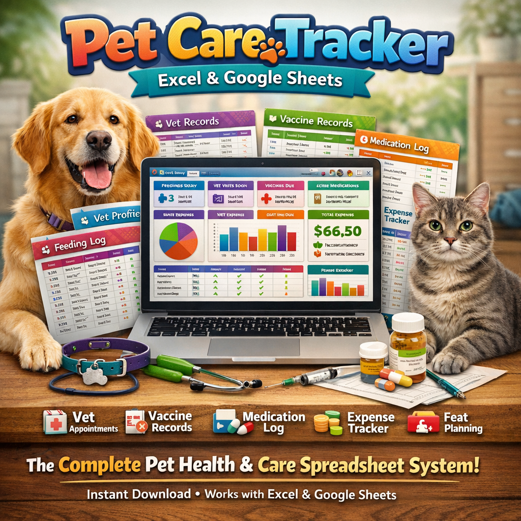Pet Care Tracker Excel & Google Sheets