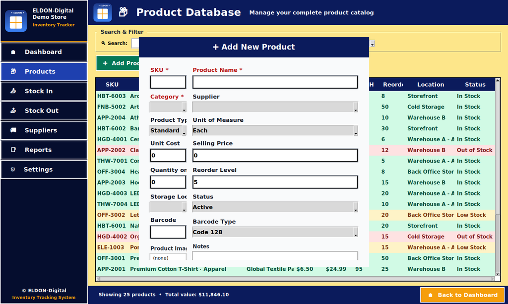 Stock Manager with Reports, Suppliers, and Barcodes