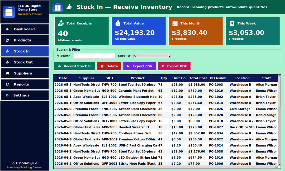 Stock Manager with Reports, Suppliers, and Barcodes