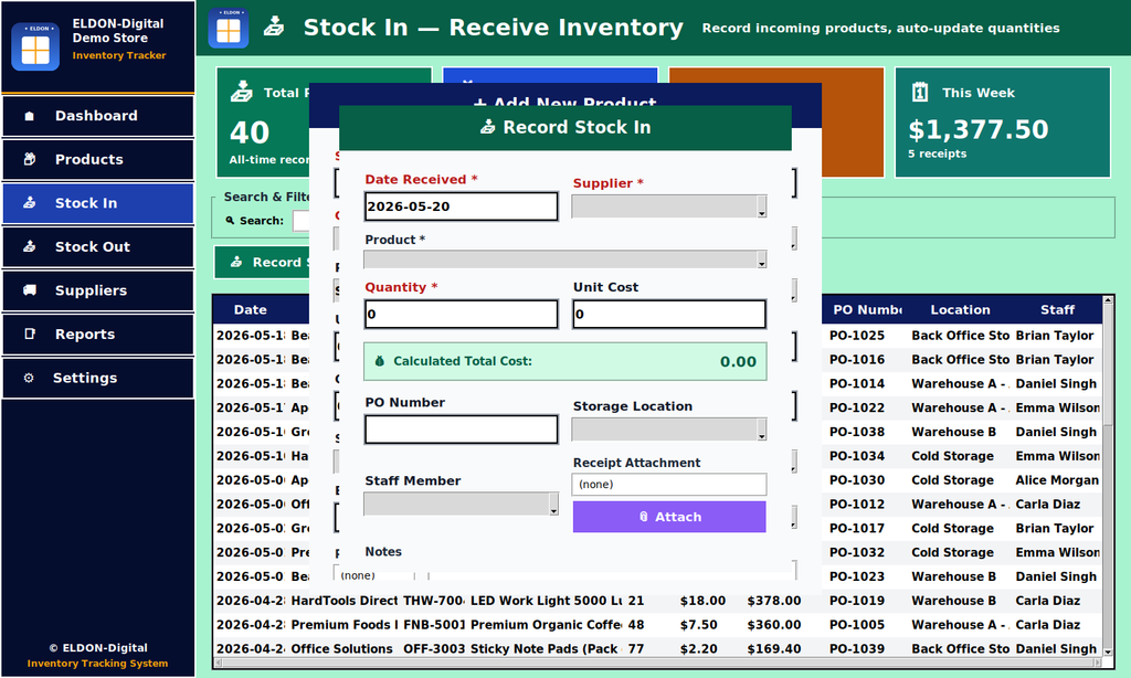Stock Manager with Reports, Suppliers, and Barcodes