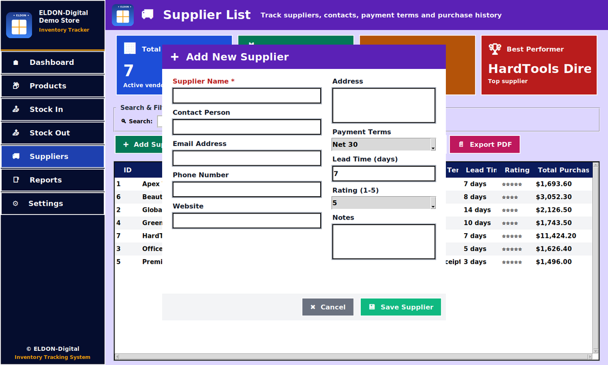 Stock Manager with Reports, Suppliers, and Barcodes